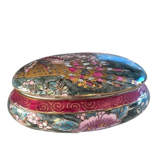 Chinese Porcelain Floral Peacock Trinket Dish w/Lid - Picture 1 of 7